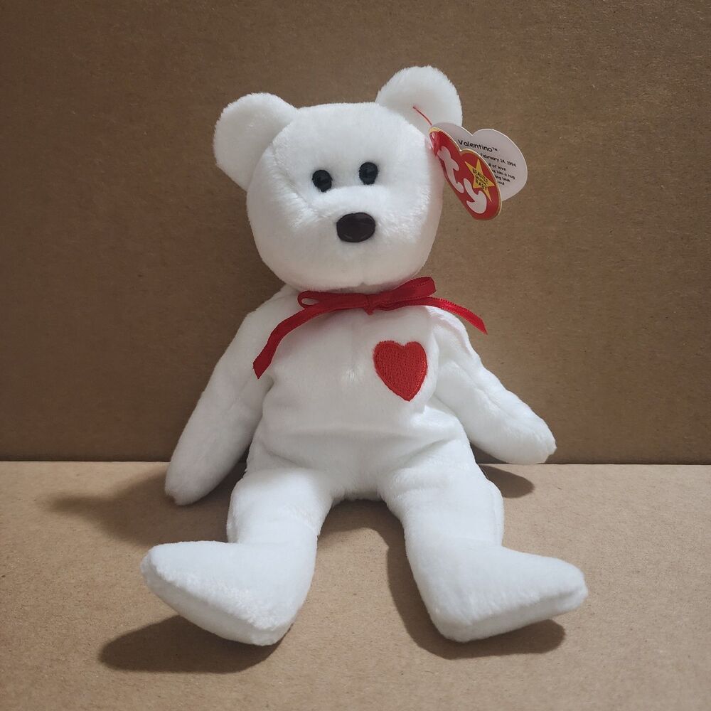 1994 TY Beanie Baby Valentino Bear 5th Gen Hang Tag P.E. Pellets White Red Heart